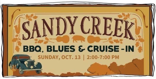 Sandy Creek Park Blues &  Cruise-In text with a blue, old car on an orange background