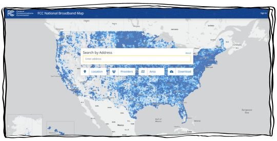 Screenshot of the National Broadband map webpage showing the entire United States map