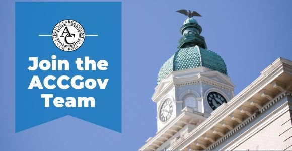 City Hall dome against a blue sky with a text banner saying "Join the ACCGov Team"