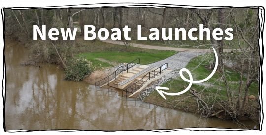 Hand drawn canoe sits atop a photo of a new boat launch on the Greenway