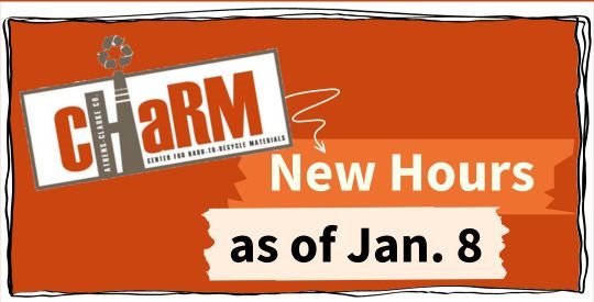 CHaRM logo on a red background with the words "New hours as of January 8"