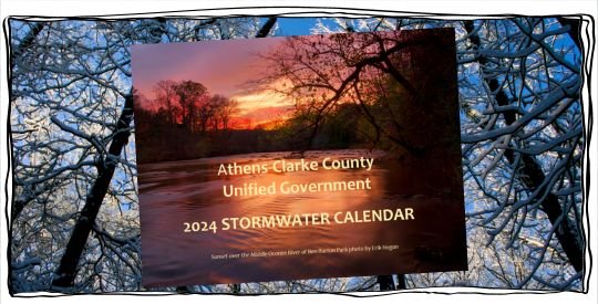 2024 Stormwater Calendar cover over a photo of icy tree branches