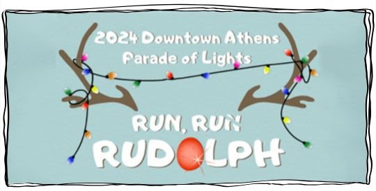 Illustrated reindeer antlers with colorful string lights and red text