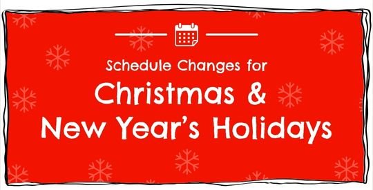 Text on red background surrounded by snowflakes