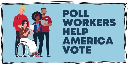 Illustrated group of poll workers. Three are standing and one is in a wheelchair.