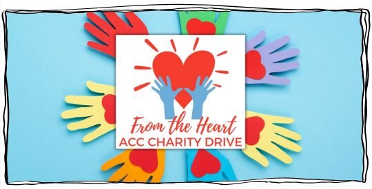 ACC Charity Drive logo overlayed on a background of cutout paper hearts and hands