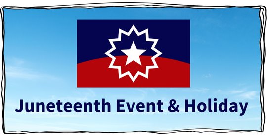 The red and blue Juneteeth flag overlaid on a blue sky