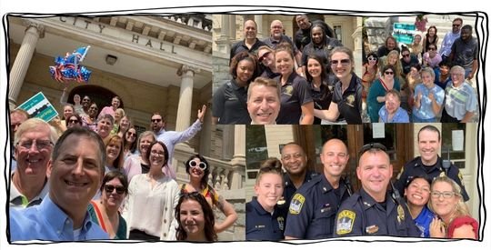 Collage of photos showing smiling people in front of City Hall