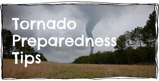 Tornado in the background behind green trees and a brown field