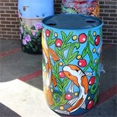 Painted rain barrels outside