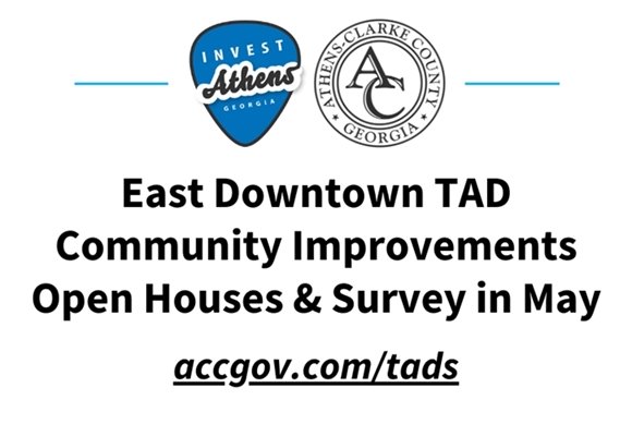 A text-based image advertising Economic Development's public input opportunities around the East Downtown Athens TAD