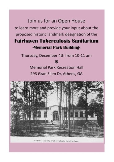 Open House regarding local landmark designation proposed for Fairhaven TB Sanitarium at Memorial Park. Thursday, Dec. 4th from 10-11 AM at Memorial Park Recreation Hall