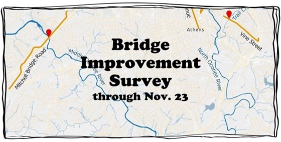 A map of showing a section of Athens-Clarke County with bridges for a Bridge Improvement Survey through Nov. 23