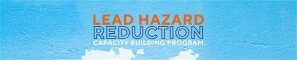 The words 'Lead Hazard Capacity Building Program' in front of a blue painted background with two paint chips missing exposing white beneath the blue paint. 