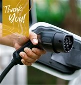 Text reading "Thank you!" over an image of a hand holding a charging plug near an electric vehicle