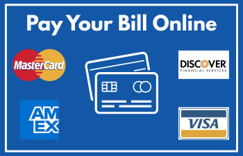 Pay Your Bill Online. Blue background. Illustration of a credit card. 