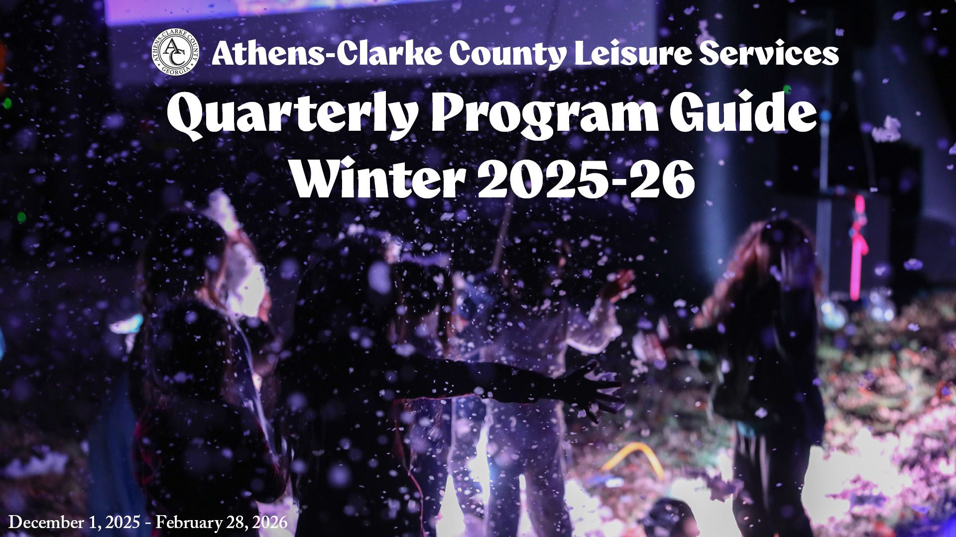 An image of children playing in fake snow from the cover of the Winter 2025-26 Program Guide