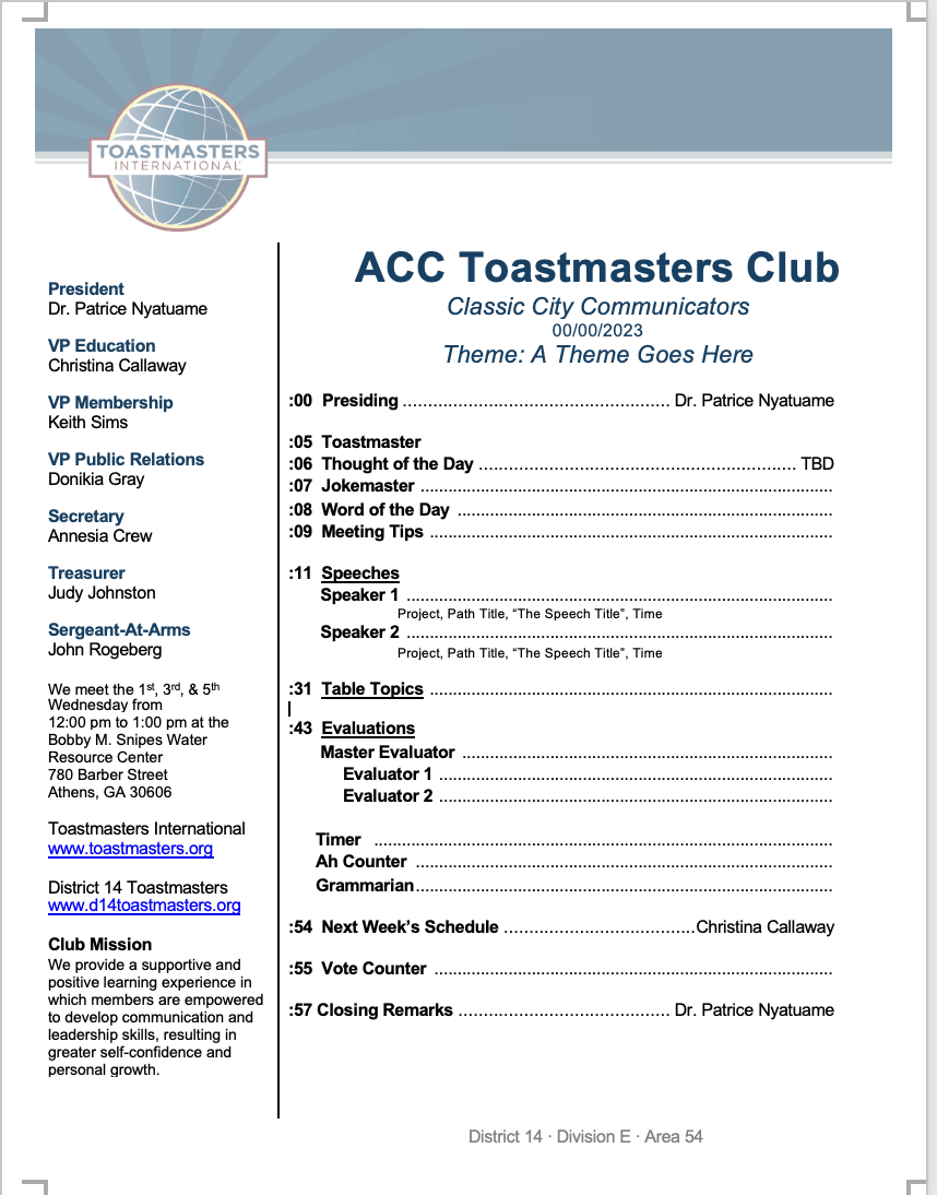 Toastmaster Two Speech Agenda