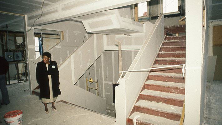 In-progress picture of the renovations to the staircases in the Morton Theatre.