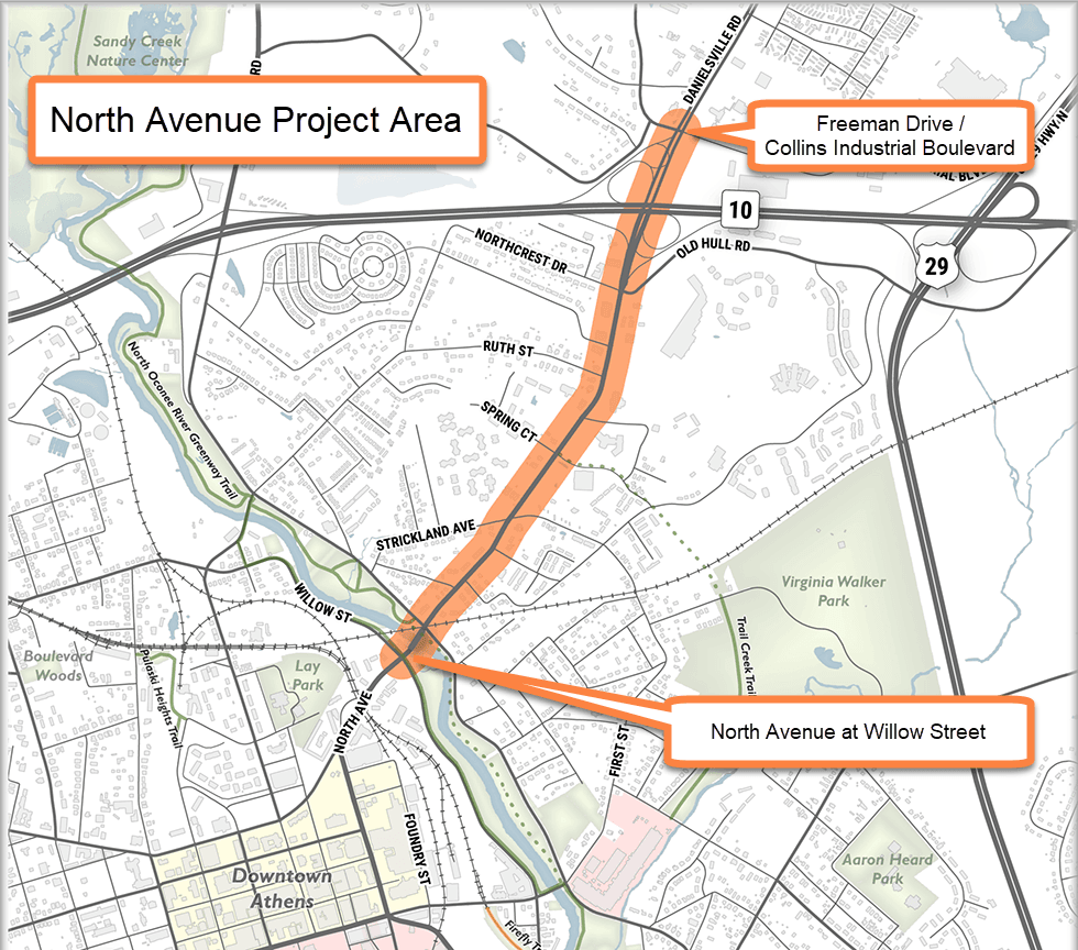 North Avenue map showing project area (Willow St. to Collins Industrial Boulevard)