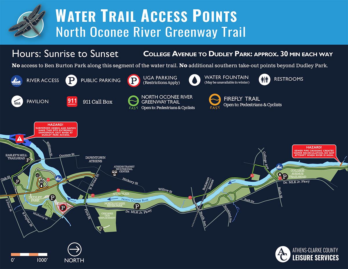 A map of the NORG Water Trail between College Ave and Dudley Park